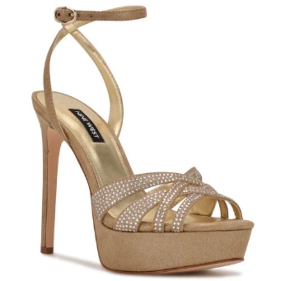 NINE‎ WEST Gobig Platform Dress Sandals Rhinestone Woven Strap Party Natural - Picture 1 of 6